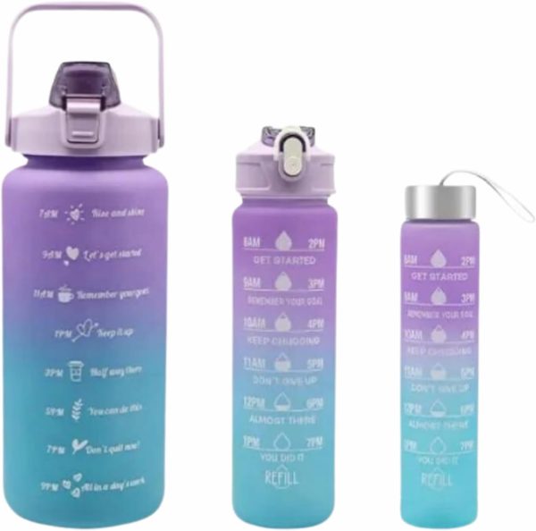 Sports Water Bottles 3 Pcs Set With Motivational Time Marker & Leak Proof Flip Top Lid (random Color)